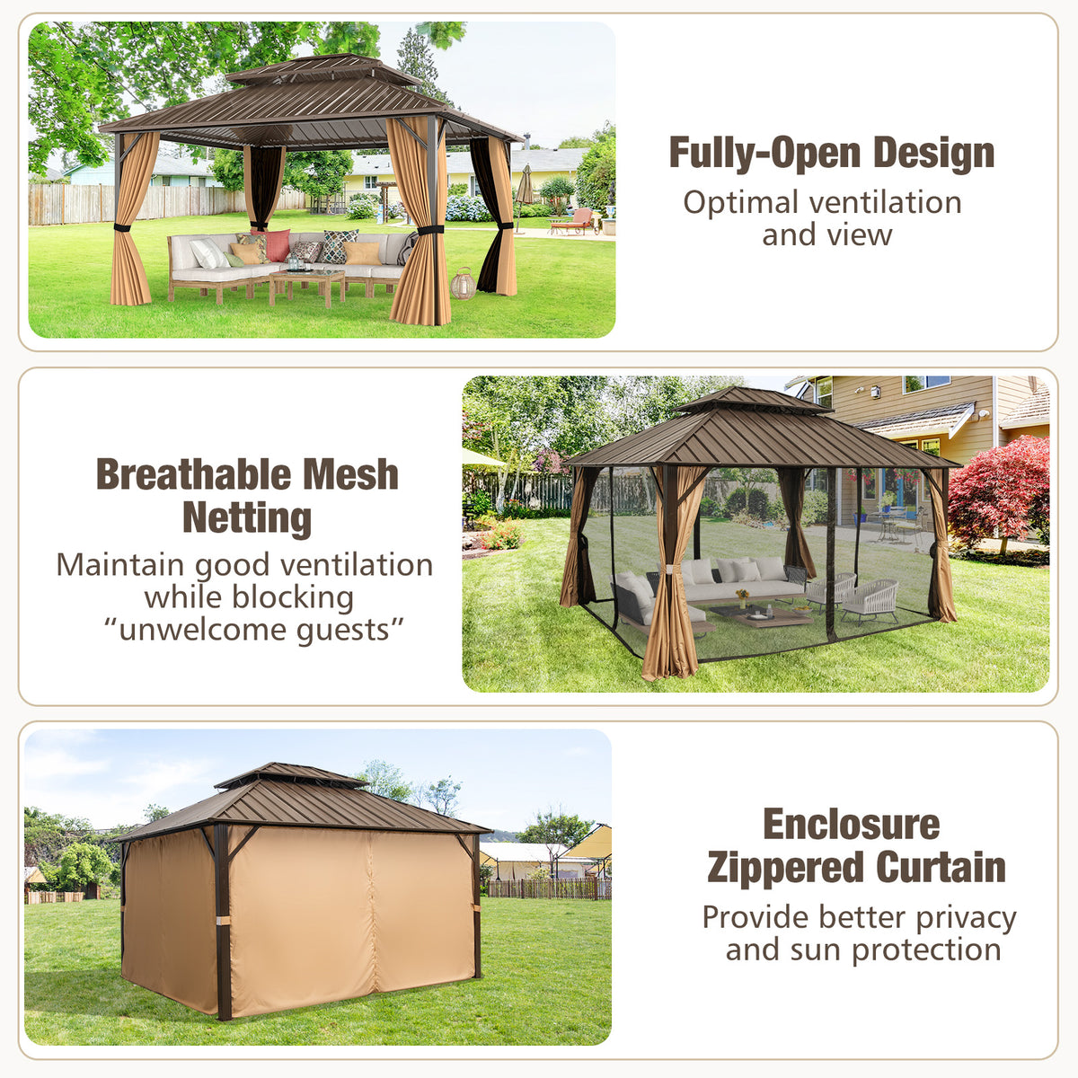 14 x 12 FT Hardtop Gazebo with Mesh Netting - Coffee