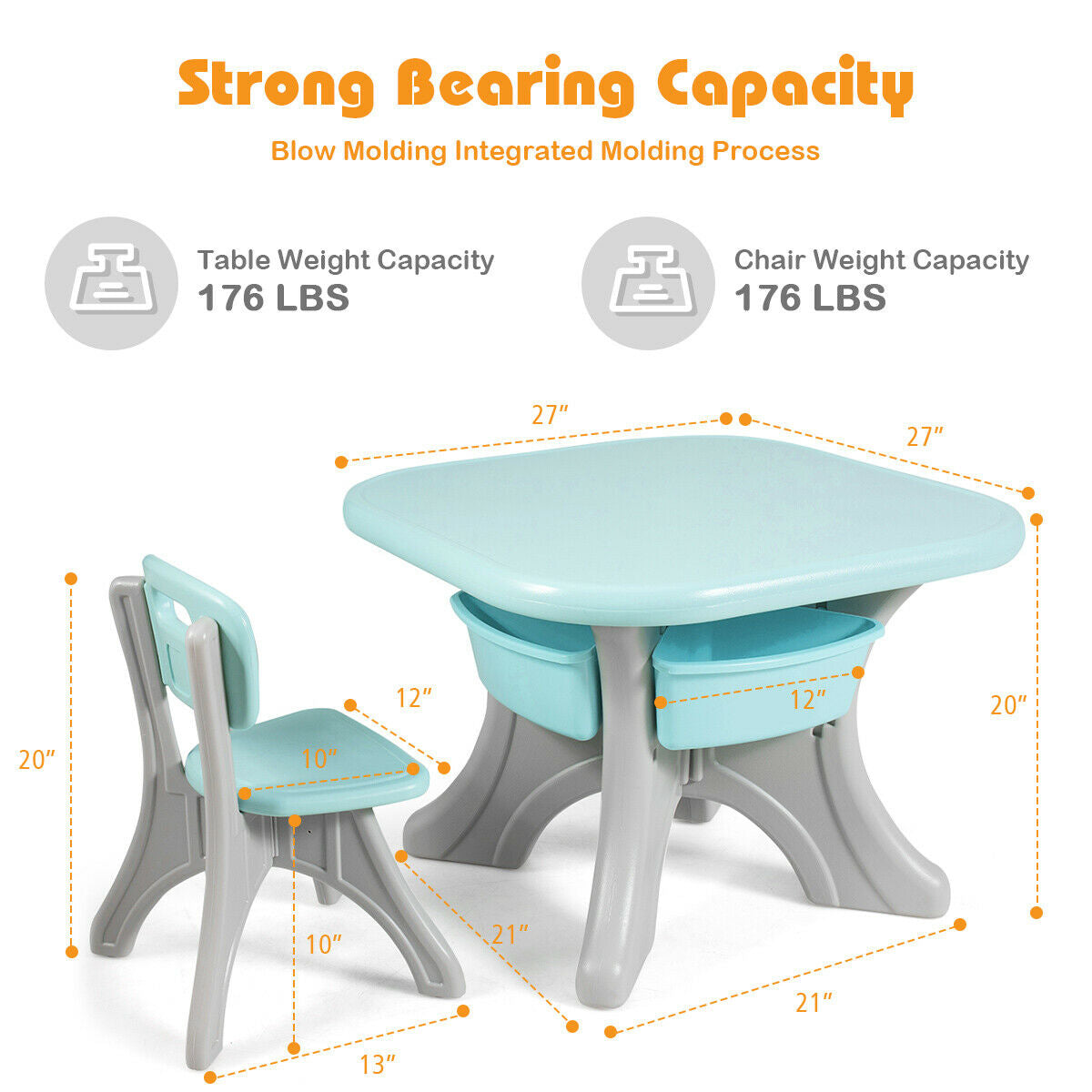 Kids Activity Table and Chair Set with Storage - Blue, Durable Plastic Play Furniture