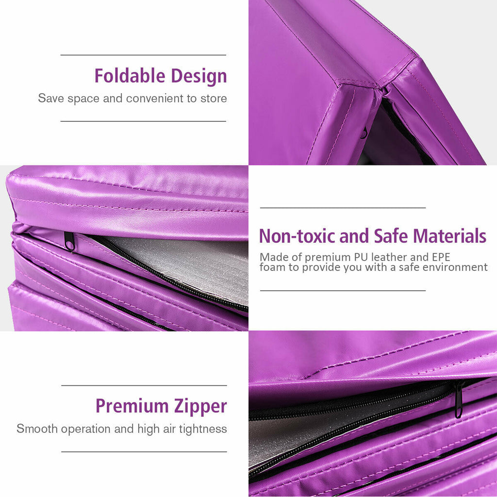 8ft x 4ft Purple Folding Gymnastics Tumbling Mat - Non-Slip, Thick Foam, Portable
