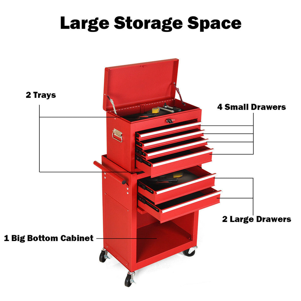 6-Drawer Rolling Tool Cabinet with Lockable Storage, Red