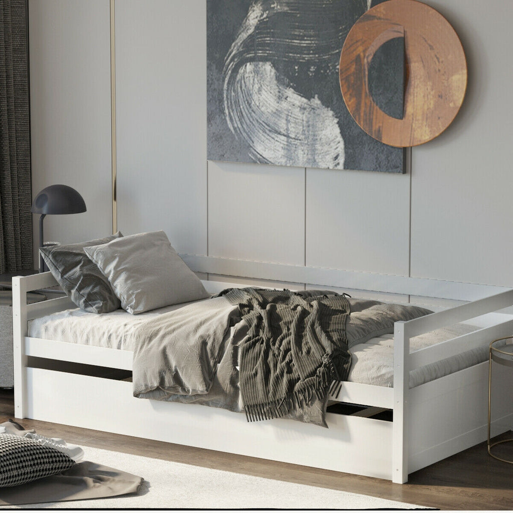 Twin Size Trundle Bed Frame with Wood Slat Support - White