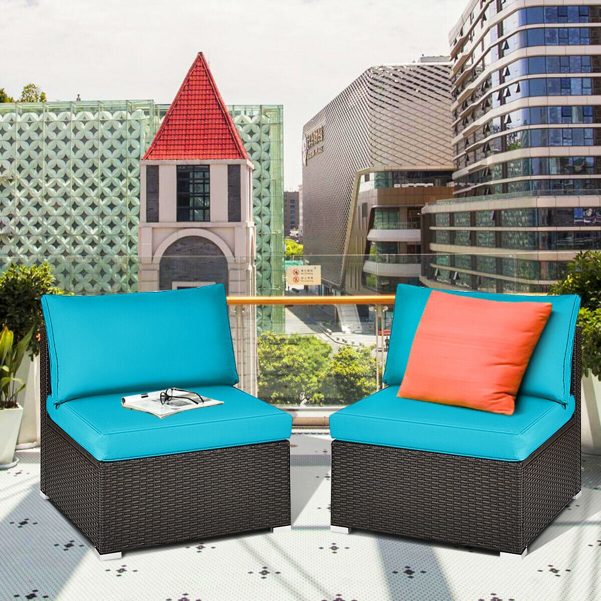 2 Pieces Patio Rattan Armless Sofa Set with Cushions and Pillows