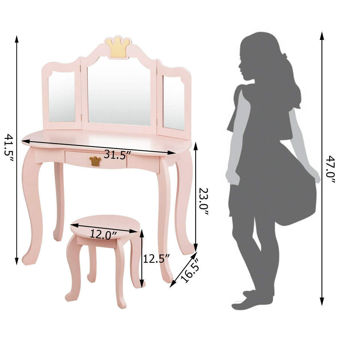 Kids Makeup Dressing Table with Tri-Fold Mirror & Stool - Pink - Costway