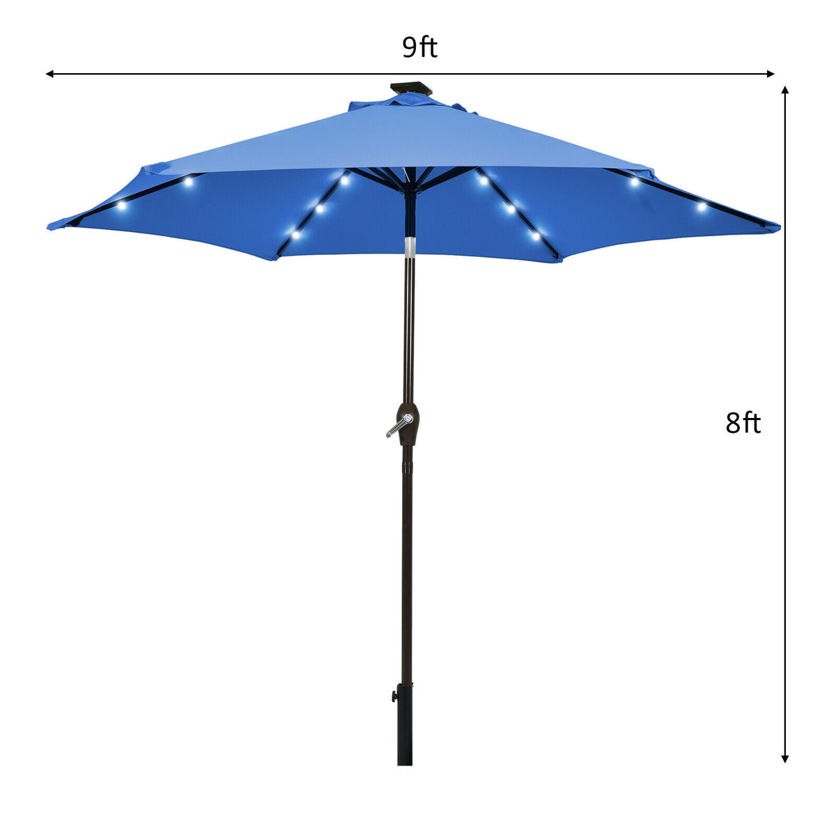 9x8 Solar LED Market Umbrella with Tilt - 18 Lights, Blue