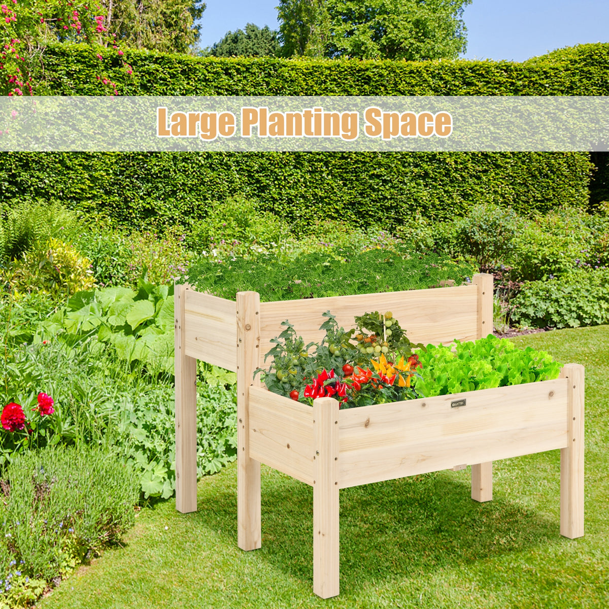 2 Tier Wooden Raised Garden Bed with Legs - Natural
