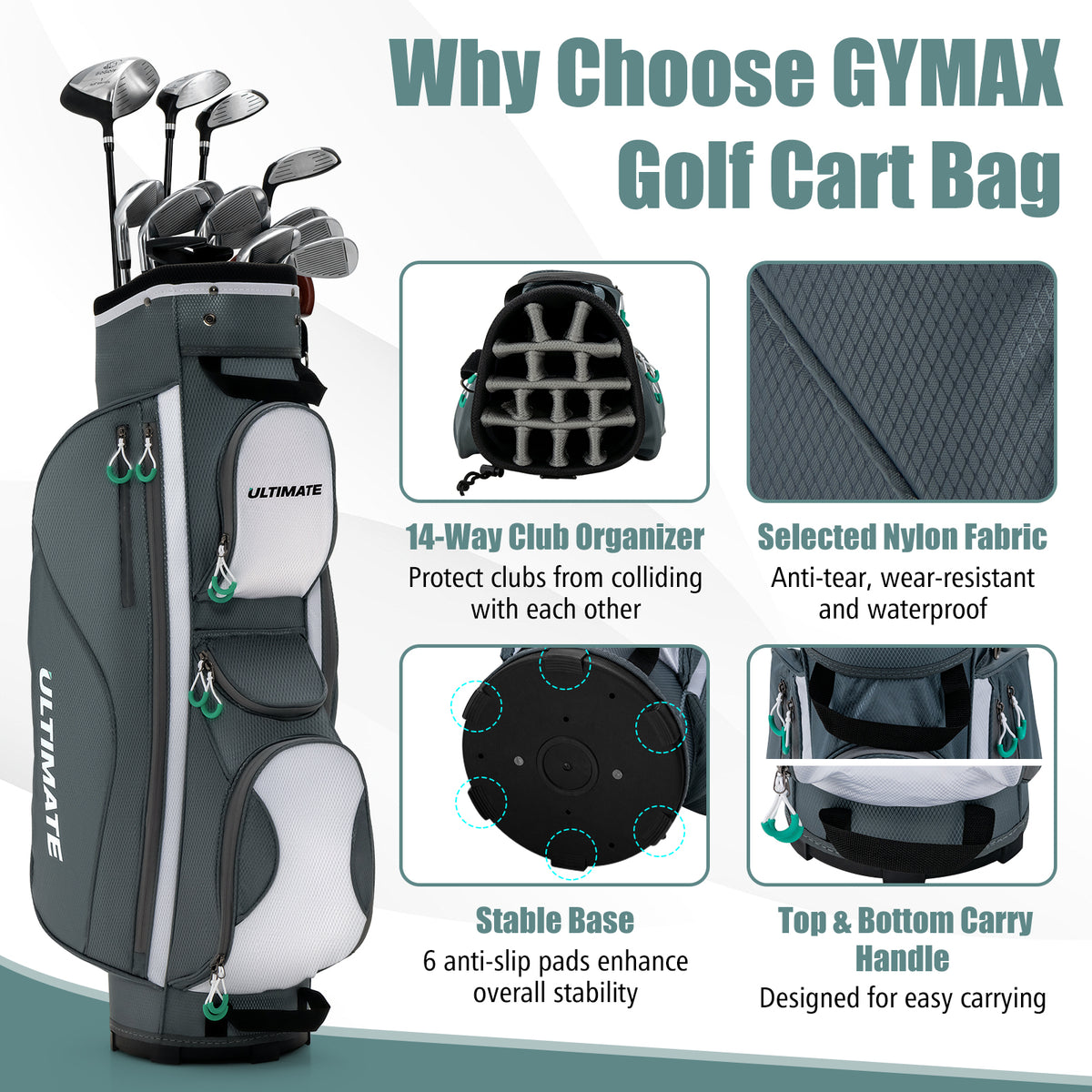 14-Way Golf Cart Bag with 7 Zippered Pockets, Cooler & Rain Hood