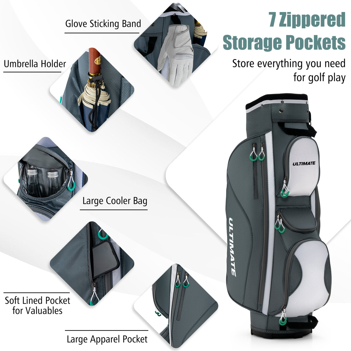 14-Way Golf Cart Bag with 7 Zippered Pockets, Cooler & Rain Hood