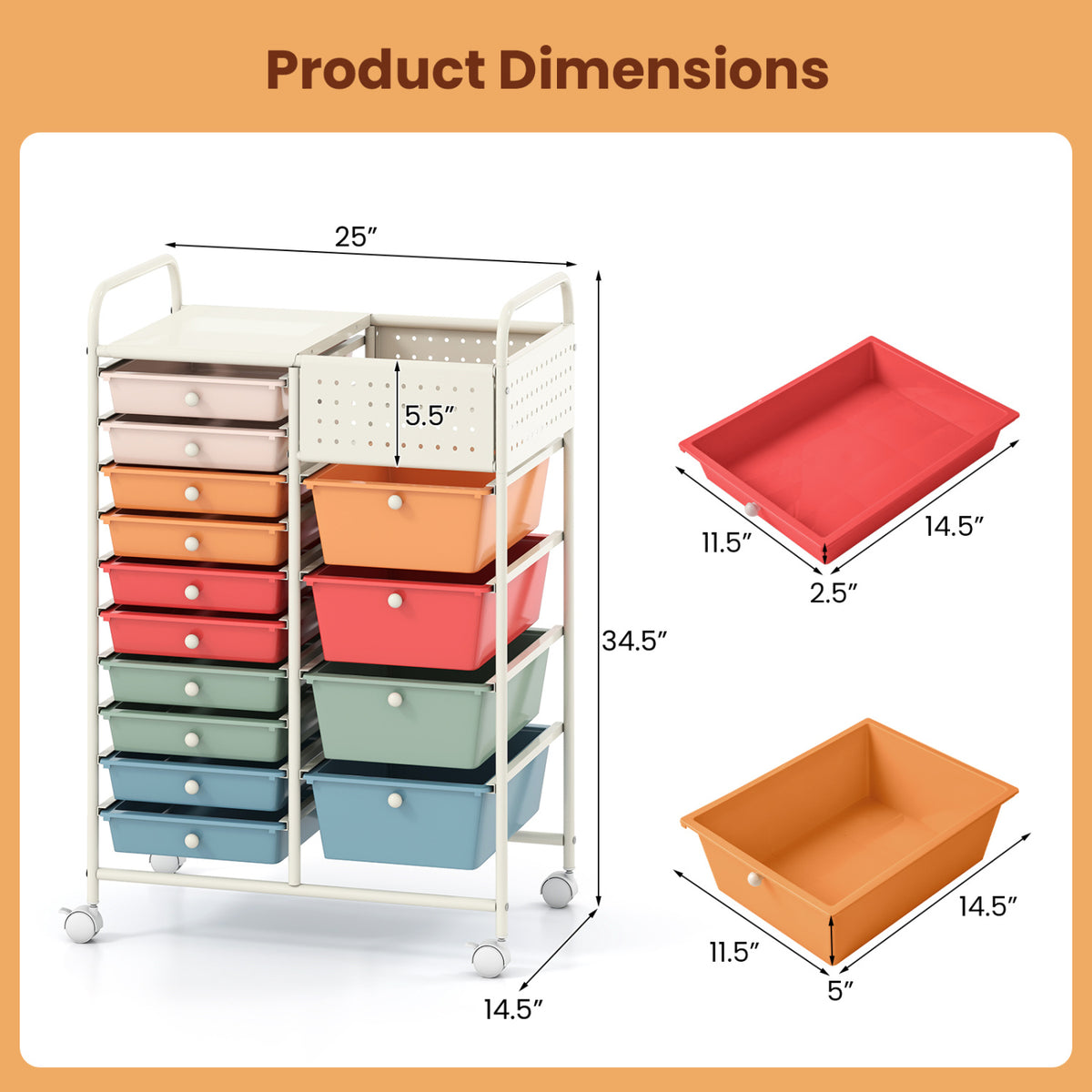 14-Drawer Rolling Storage Cart with Metal Tabletop and Pegboard