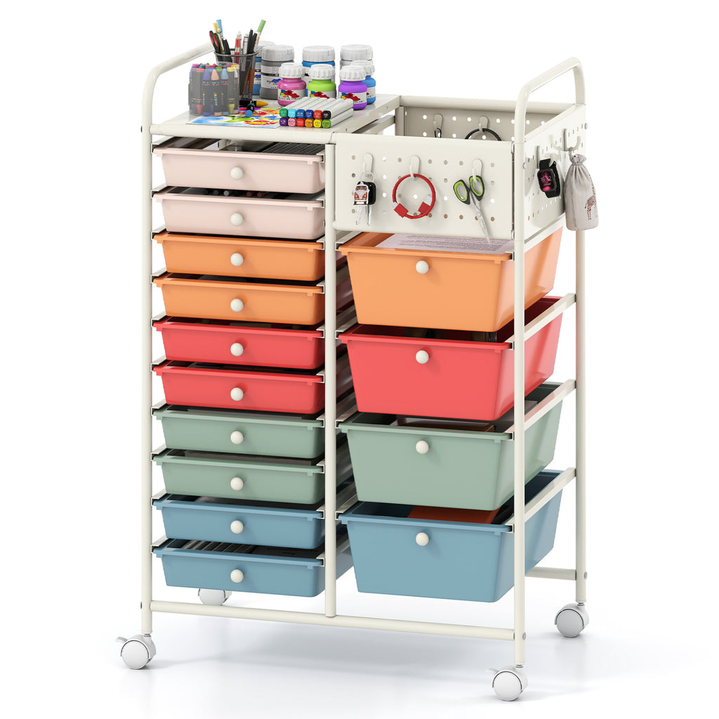 14-Drawer Rolling Storage Cart with Metal Tabletop and Pegboard