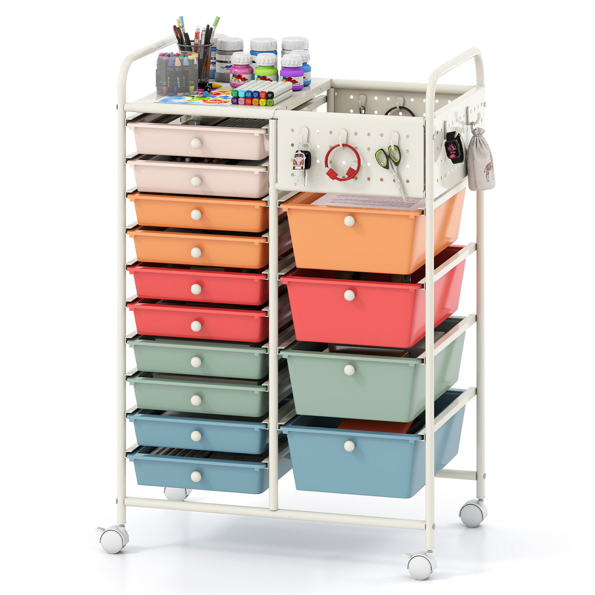 14-Drawer Rolling Storage Cart with Metal Tabletop and Pegboard