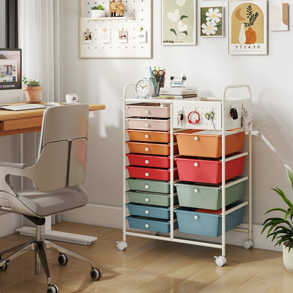 14-Drawer Rolling Storage Cart with Metal Tabletop and Pegboard
