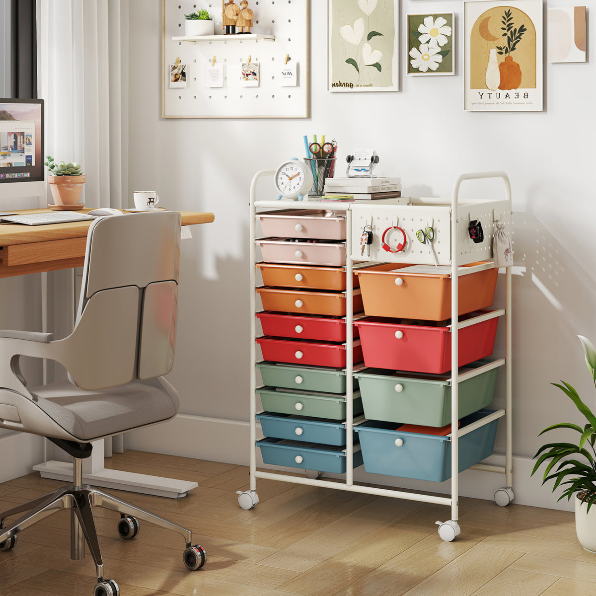 14-Drawer Rolling Storage Cart with Metal Tabletop and Pegboard