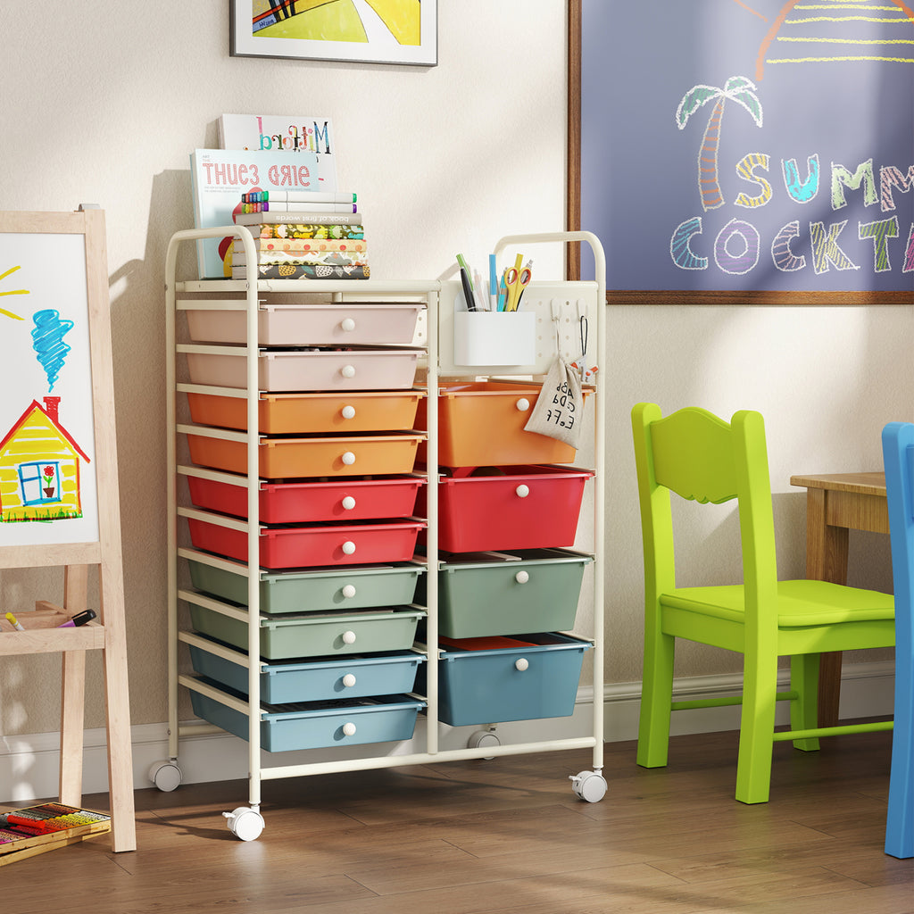 14-Drawer Rolling Storage Cart with Metal Tabletop and Pegboard