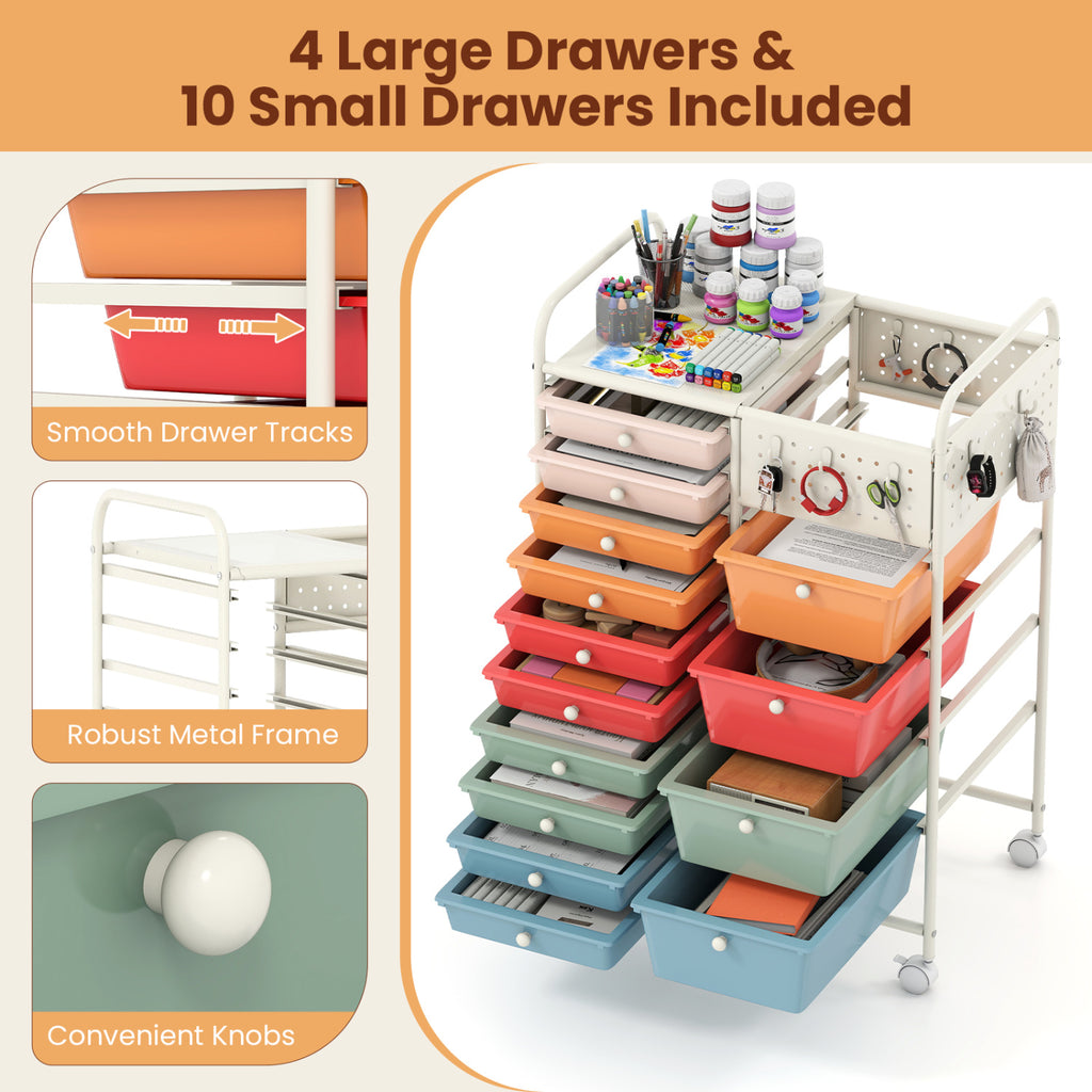 14-Drawer Rolling Storage Cart with Metal Tabletop and Pegboard