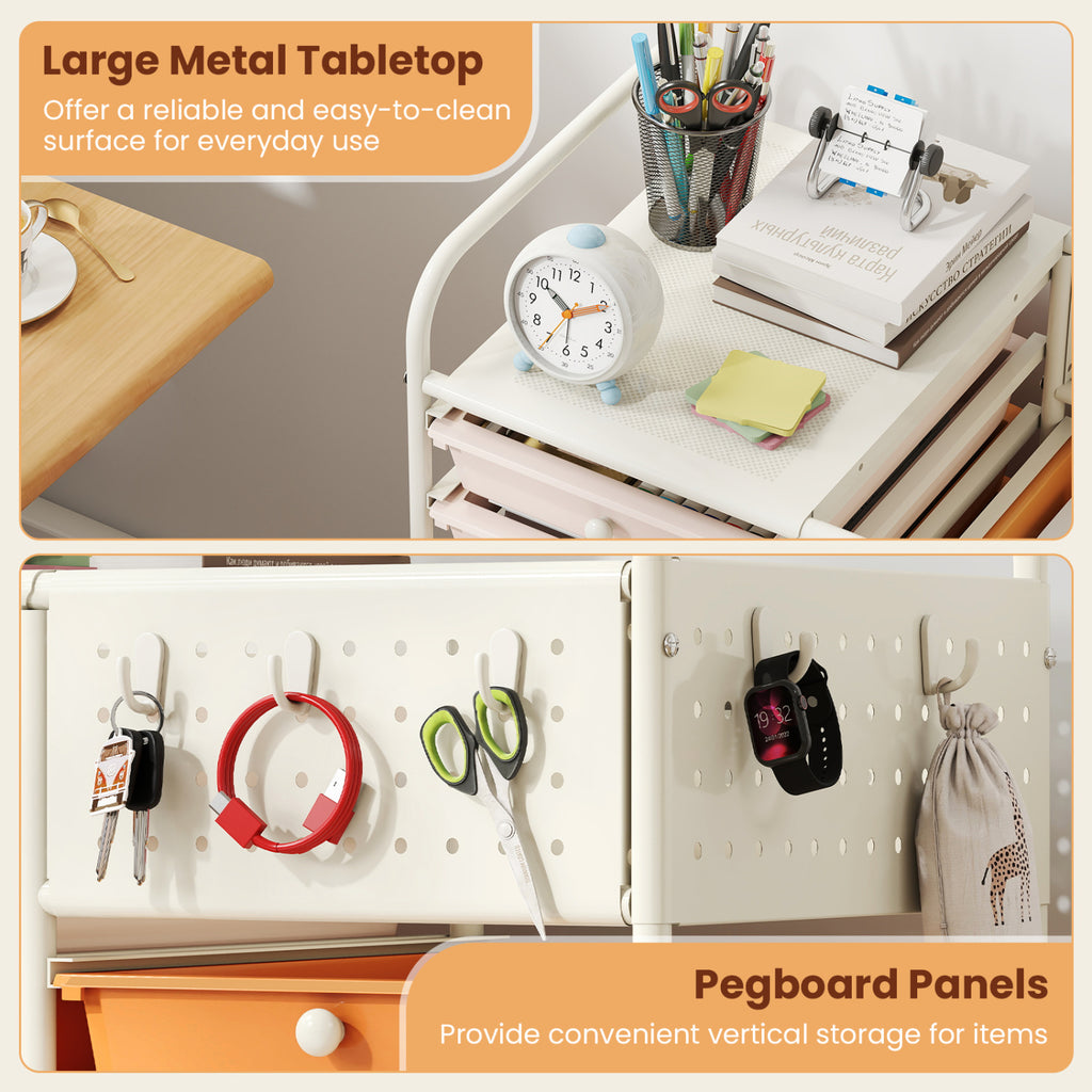 14-Drawer Rolling Storage Cart with Metal Tabletop and Pegboard