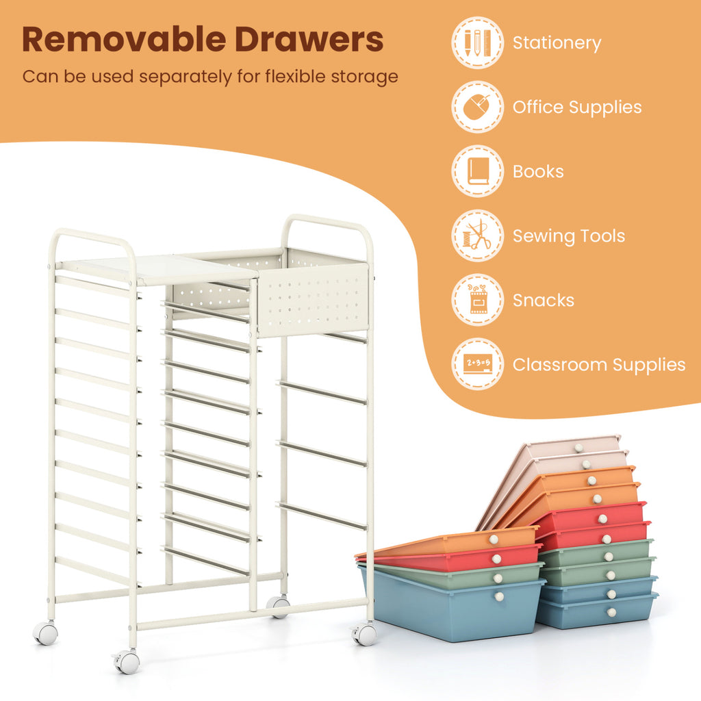 14-Drawer Rolling Storage Cart with Metal Tabletop and Pegboard