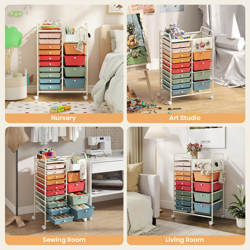 14-Drawer Rolling Storage Cart with Metal Tabletop and Pegboard