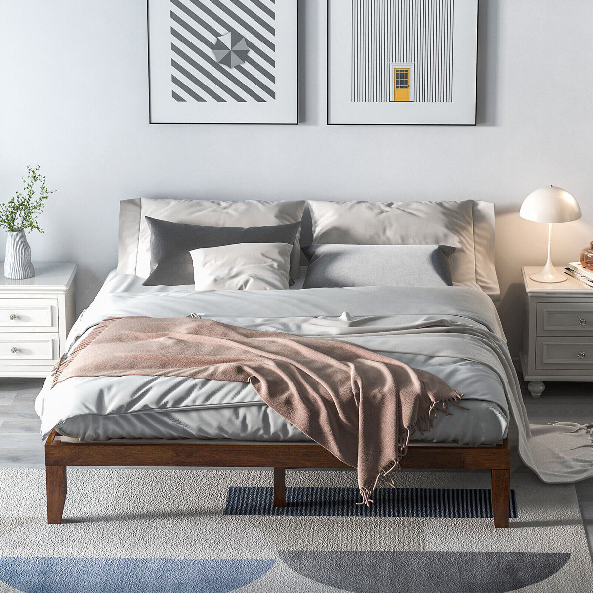 King Size Platform Bed Frame with Wood Slats - Walnut