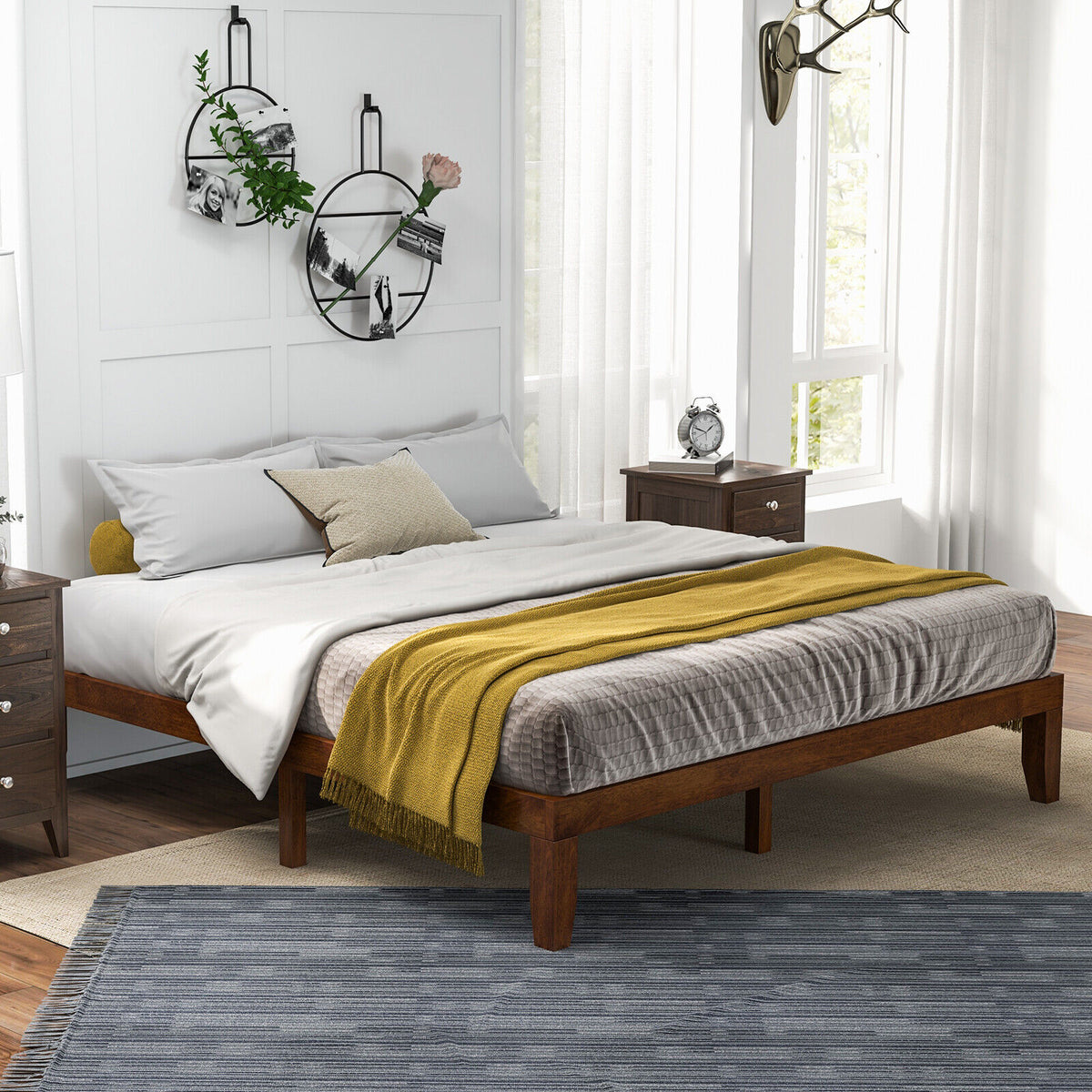 King Size Platform Bed Frame with Wood Slats - Walnut