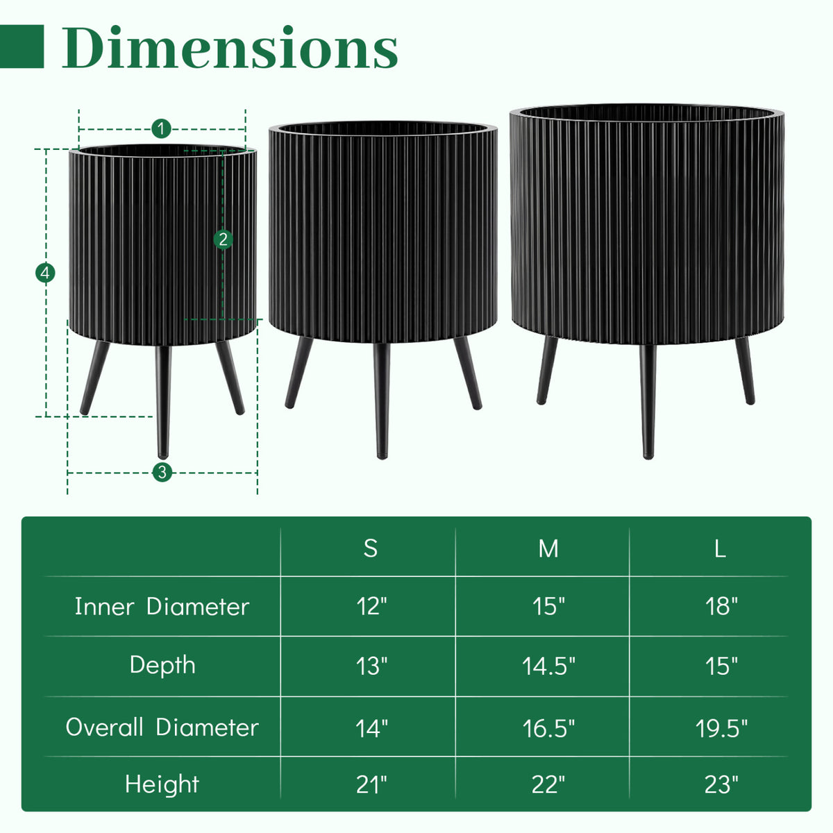 14/16.5/20 Inch Plant Pot with Stand and Tapered Legs