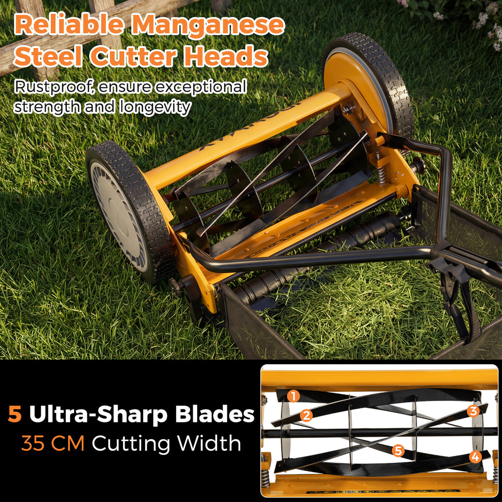 14 Inch Push Lawn Mower with 5 Steel Blades and Grass Catcher Bag