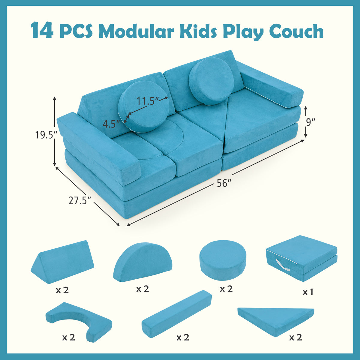 Blue 14 PCS Modular Kids Play Couch for Playroom and Bedroom - Safe & Removable Cover