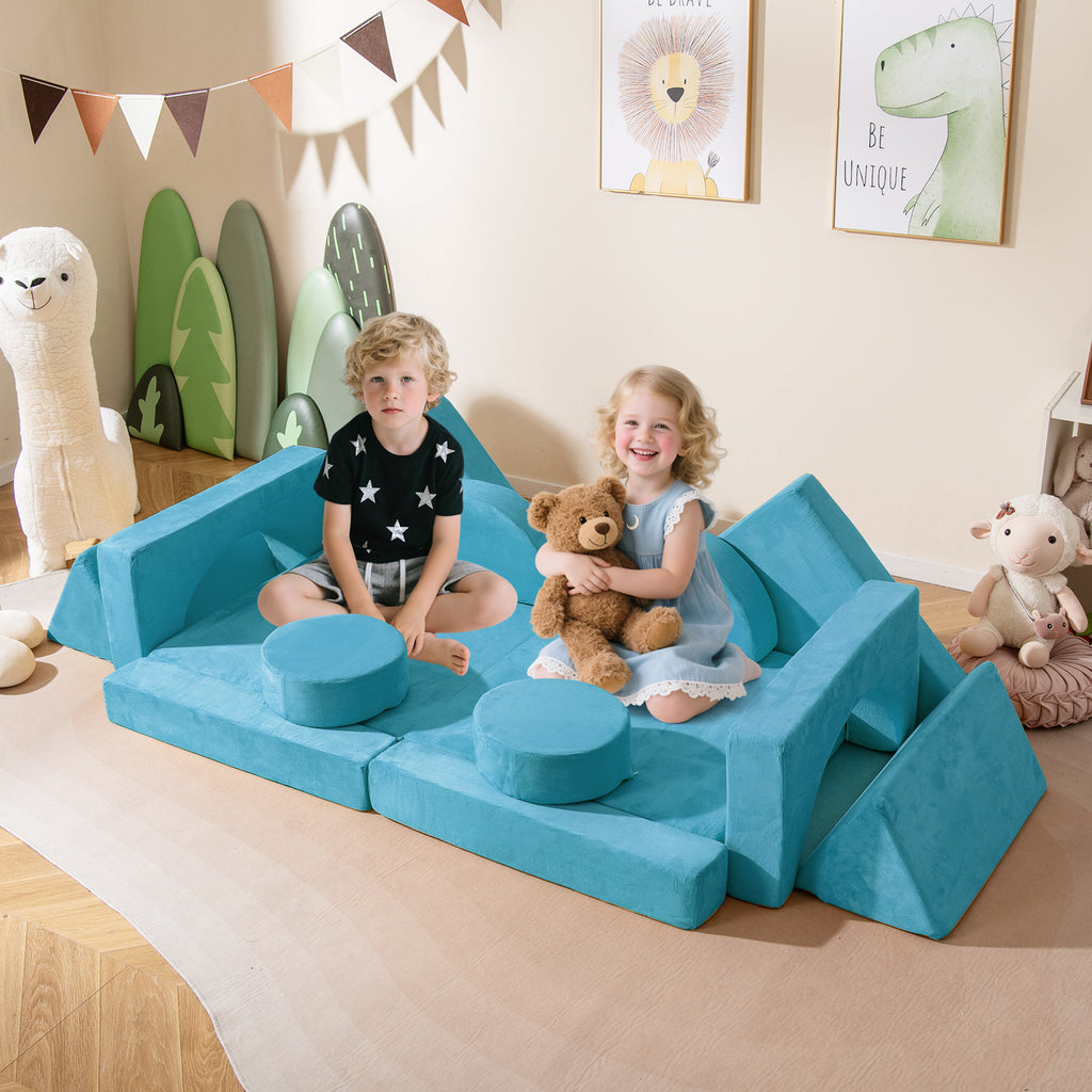 Blue 14 PCS Modular Kids Play Couch for Playroom and Bedroom - Safe & Removable Cover