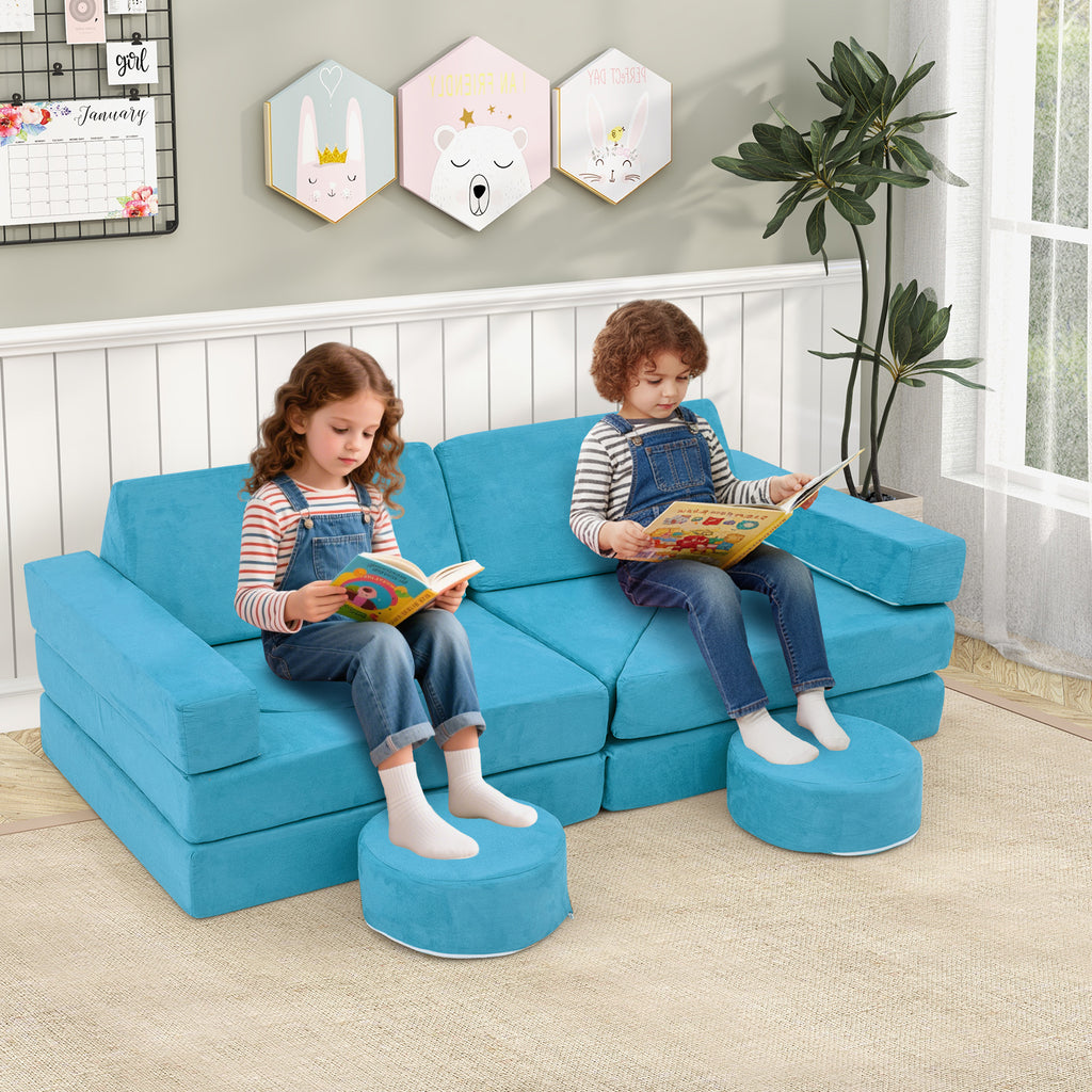 Blue 14 PCS Modular Kids Play Couch for Playroom and Bedroom - Safe & Removable Cover