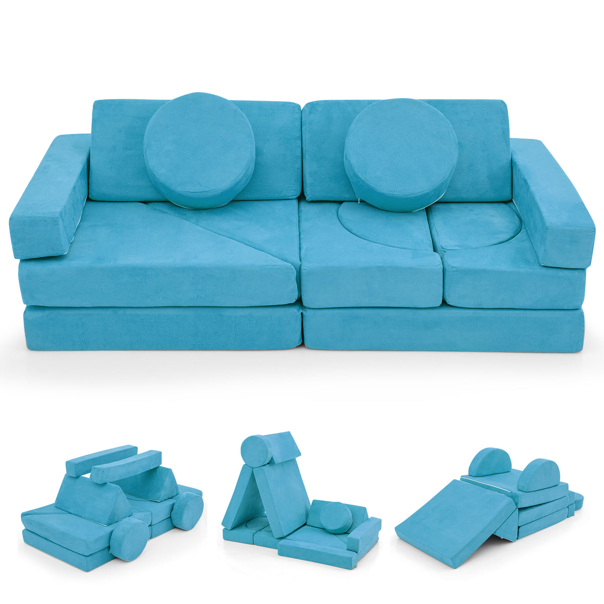 Blue 14 PCS Modular Kids Play Couch for Playroom and Bedroom - Safe & Removable Cover