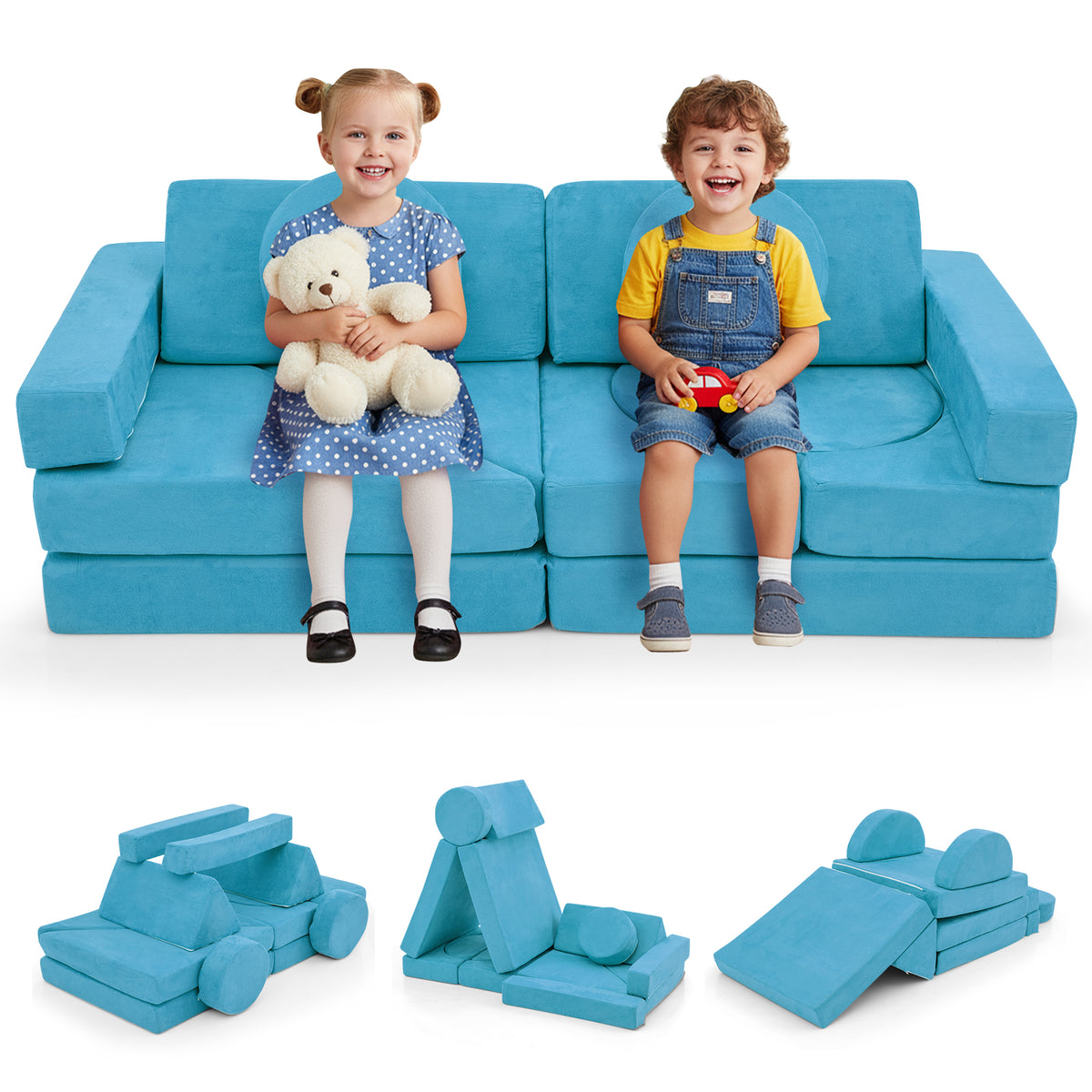 Blue 14 PCS Modular Kids Play Couch for Playroom and Bedroom - Safe & Removable Cover