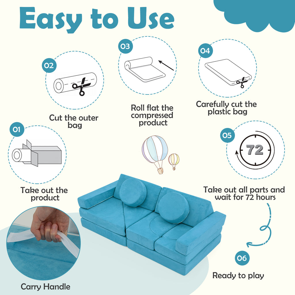 Blue 14 PCS Modular Kids Play Couch for Playroom and Bedroom - Safe & Removable Cover