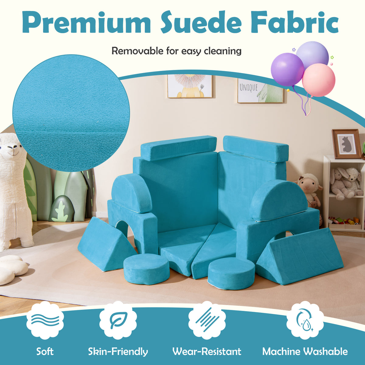 Blue 14 PCS Modular Kids Play Couch for Playroom and Bedroom - Safe & Removable Cover