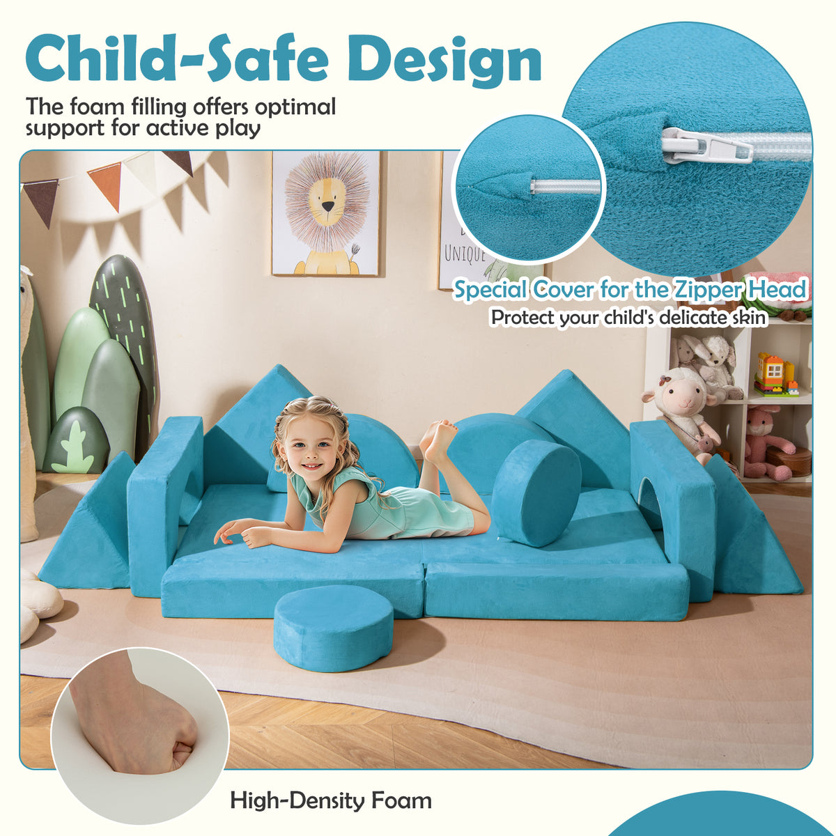 Blue 14 PCS Modular Kids Play Couch for Playroom and Bedroom - Safe & Removable Cover