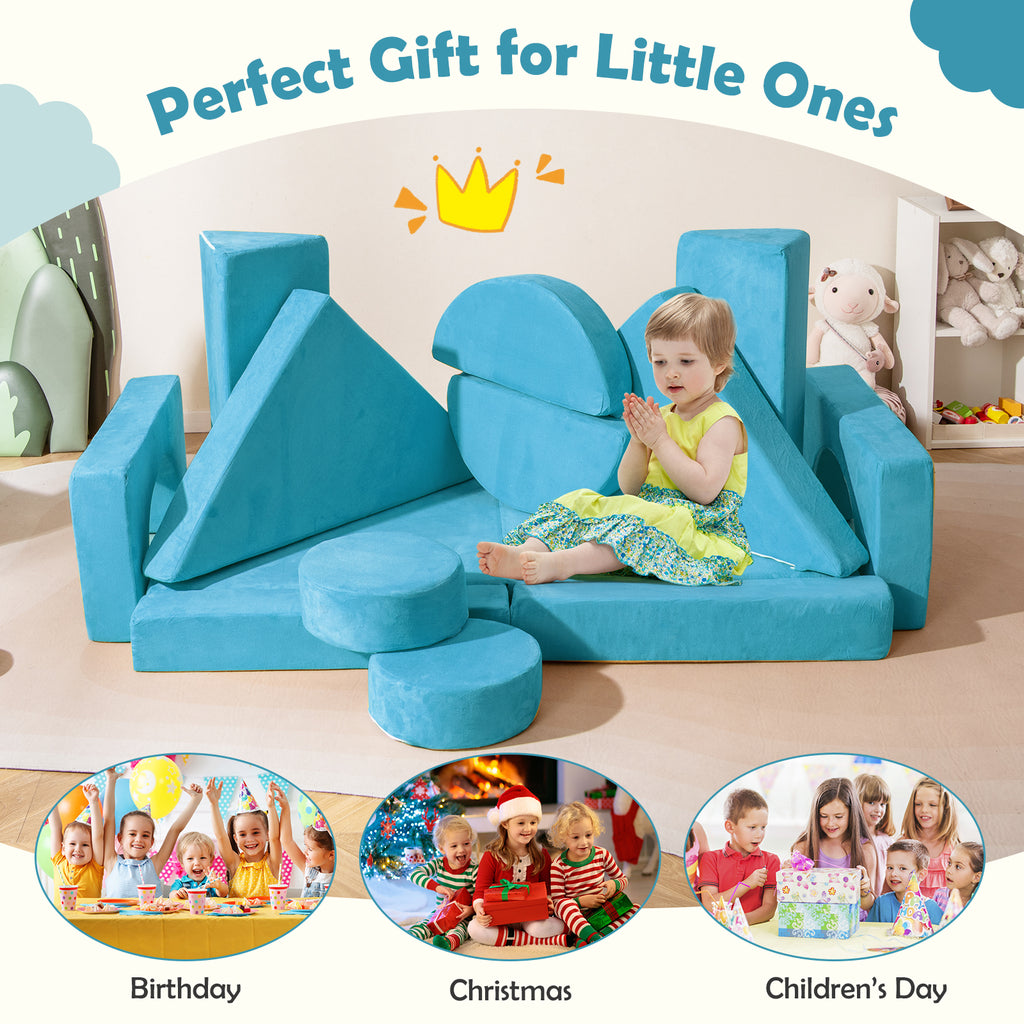 Blue 14 PCS Modular Kids Play Couch for Playroom and Bedroom - Safe & Removable Cover