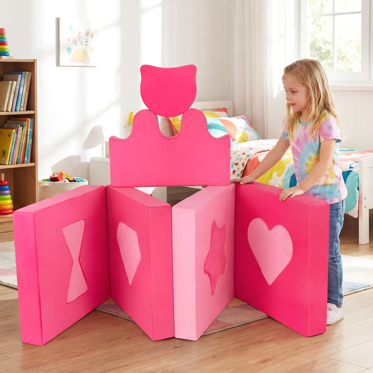 Kids Play Couch Set - 14 Piece Modular Foam Climbing Blocks Pink - Costway