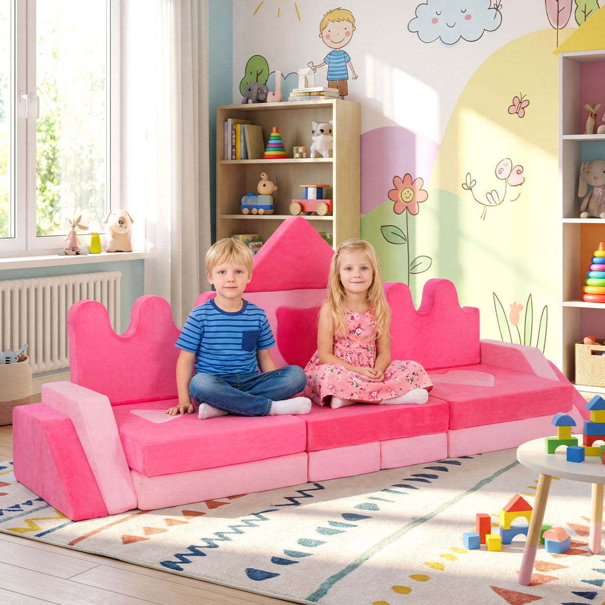 Kids Play Couch Set - 14 Piece Modular Foam Climbing Blocks Pink - Costway