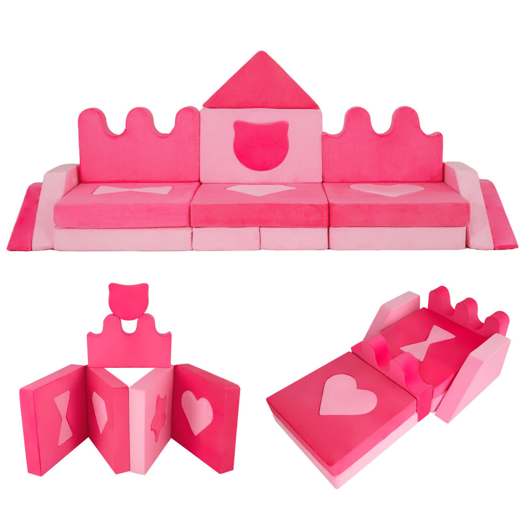 Kids Play Couch Set - 14 Piece Modular Foam Climbing Blocks Pink - Costway