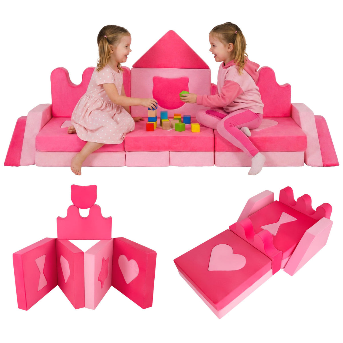 Kids Play Couch Set - 14 Piece Modular Foam Climbing Blocks Pink - Costway