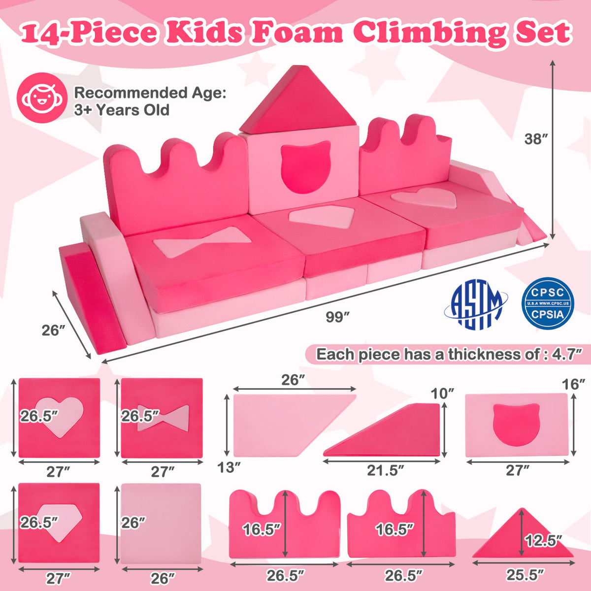 Kids Play Couch Set - 14 Piece Modular Foam Climbing Blocks Pink - Costway