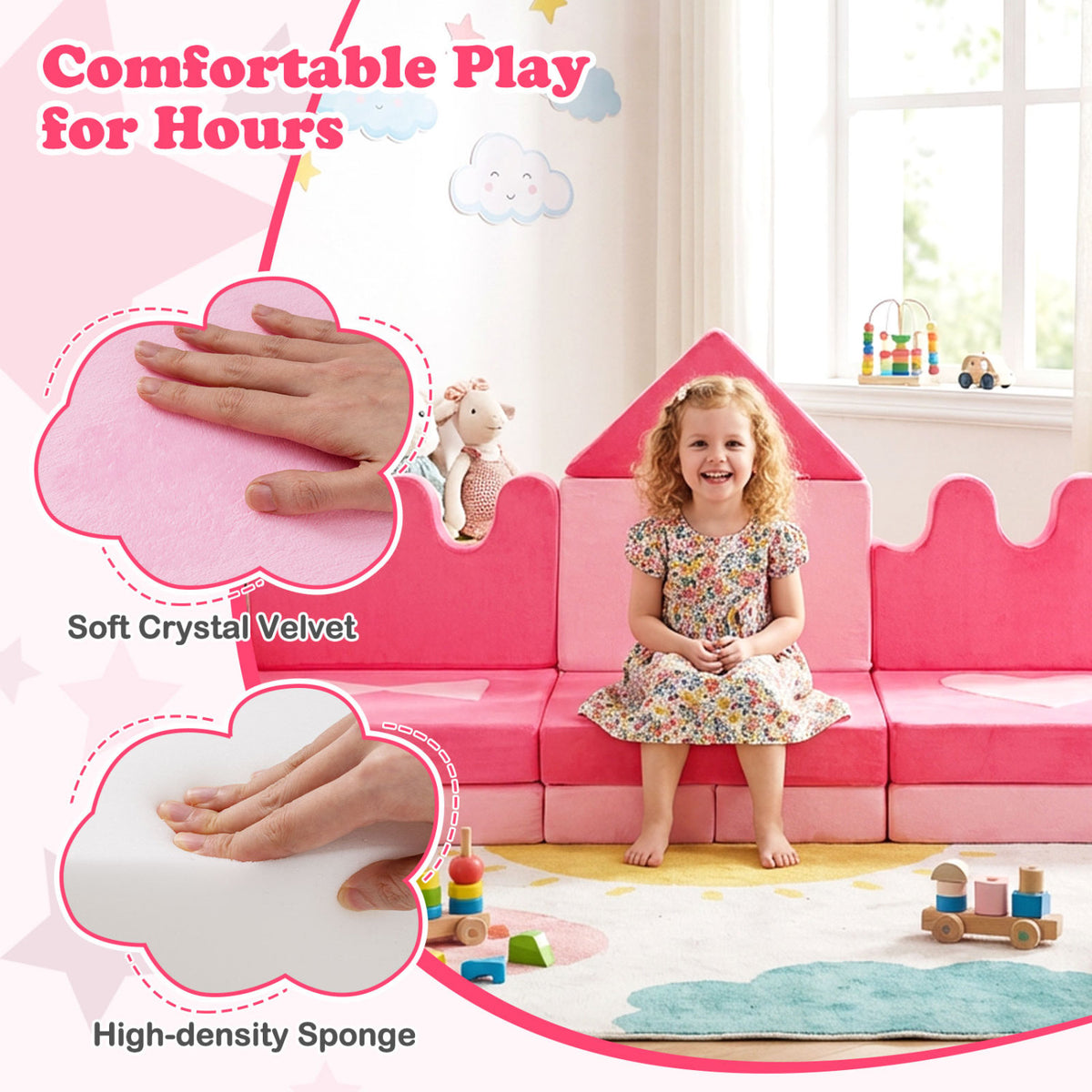 Kids Play Couch Set - 14 Piece Modular Foam Climbing Blocks Pink - Costway