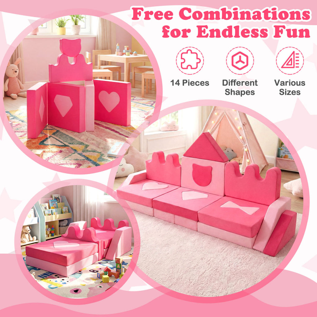 Kids Play Couch Set - 14 Piece Modular Foam Climbing Blocks Pink - Costway