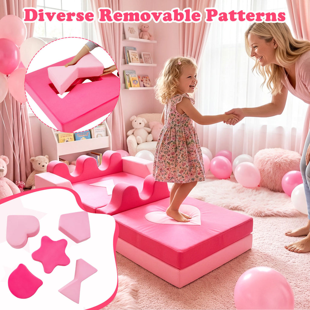 Kids Play Couch Set - 14 Piece Modular Foam Climbing Blocks Pink - Costway