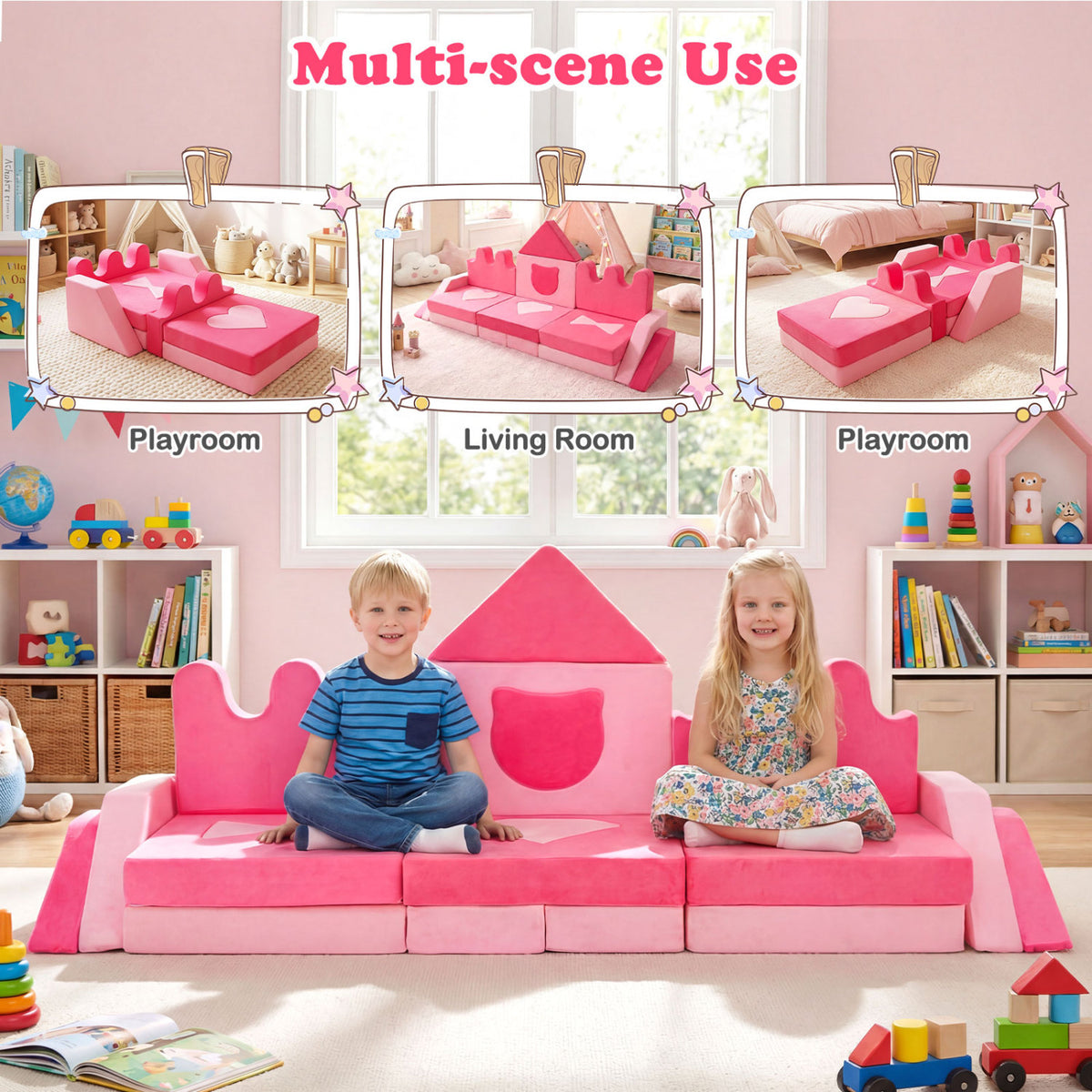 Kids Play Couch Set - 14 Piece Modular Foam Climbing Blocks Pink - Costway