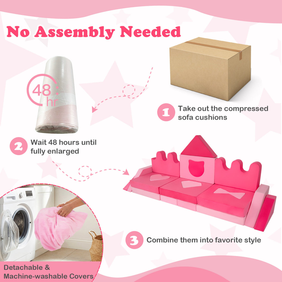Kids Play Couch Set - 14 Piece Modular Foam Climbing Blocks Pink - Costway