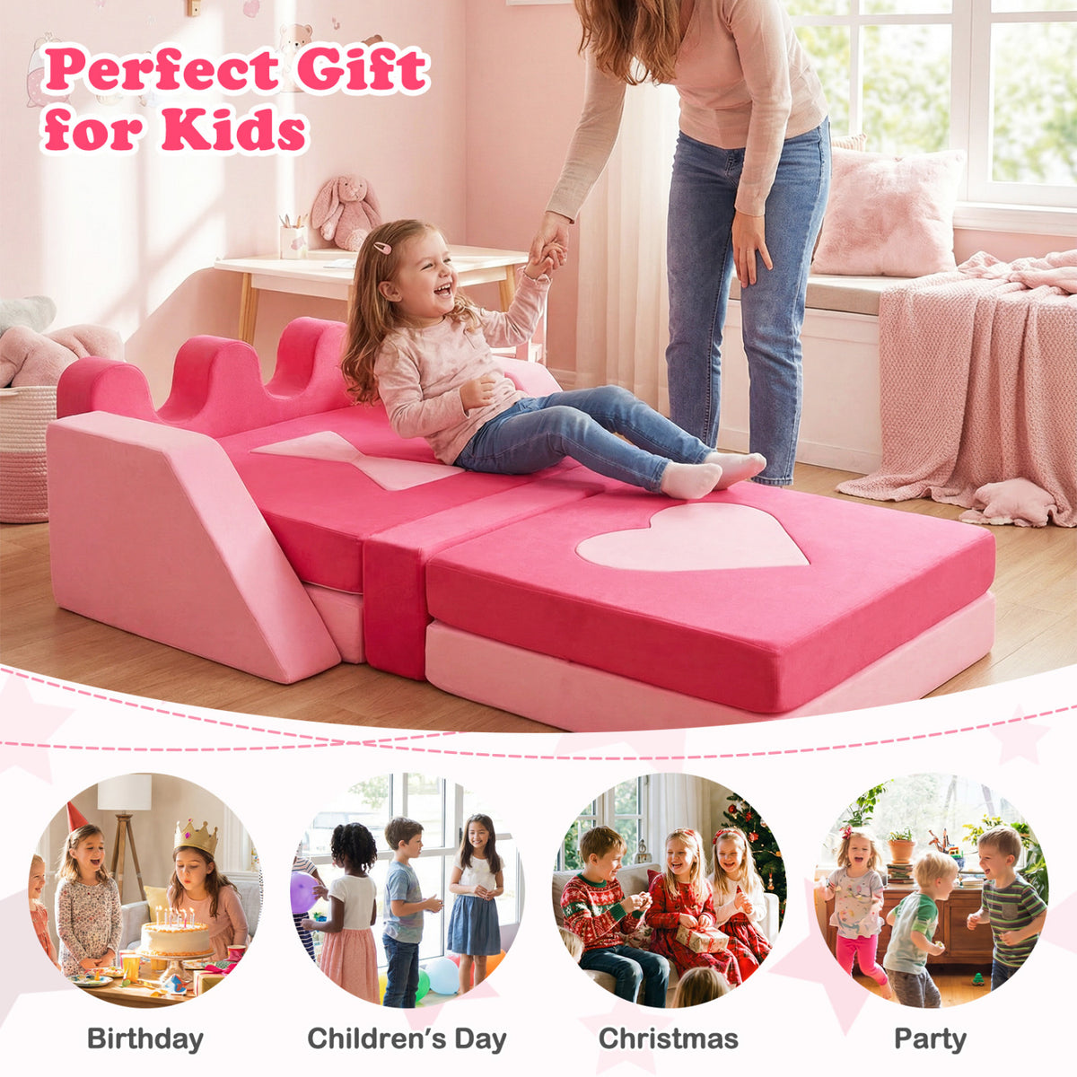 Kids Play Couch Set - 14 Piece Modular Foam Climbing Blocks Pink - Costway