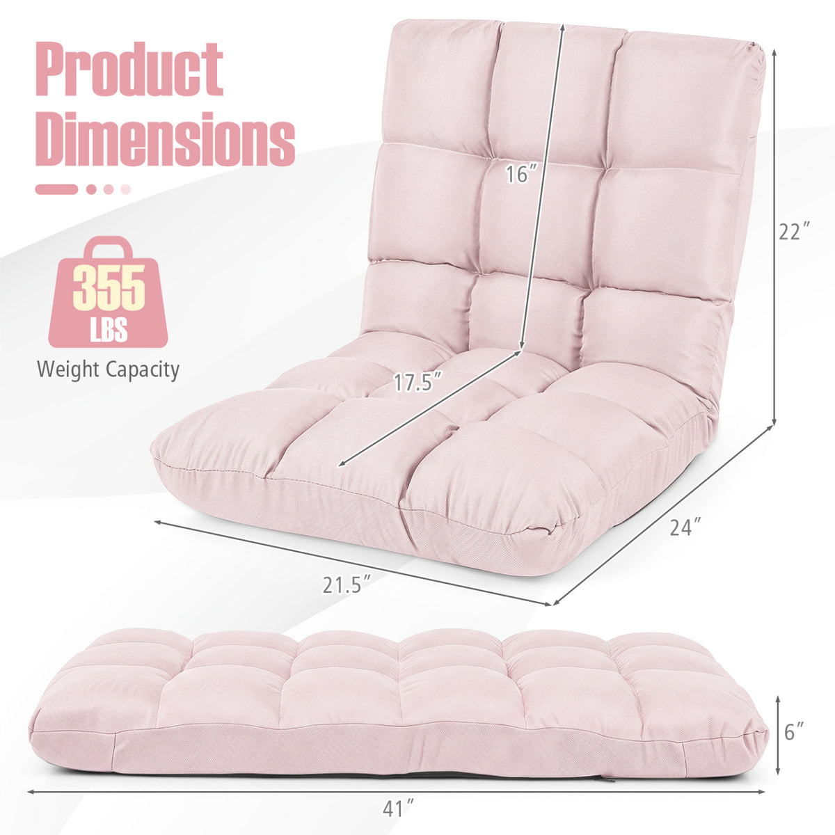 14-Position Floor Chair with Adjustable Backrest, Light Pink