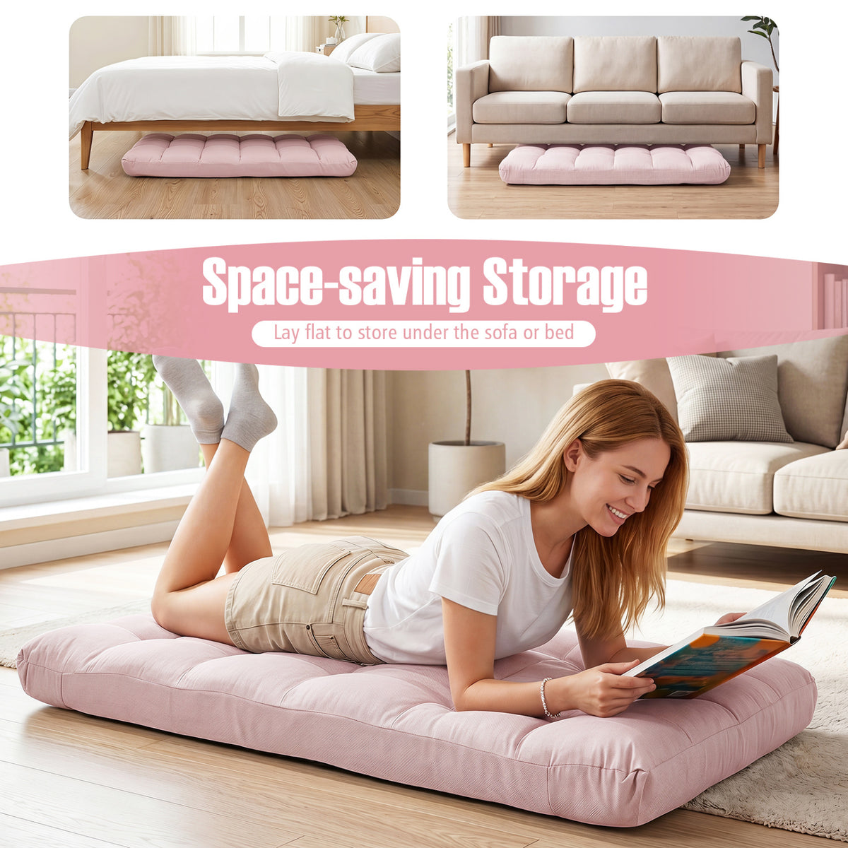 14-Position Floor Chair with Adjustable Backrest, Light Pink