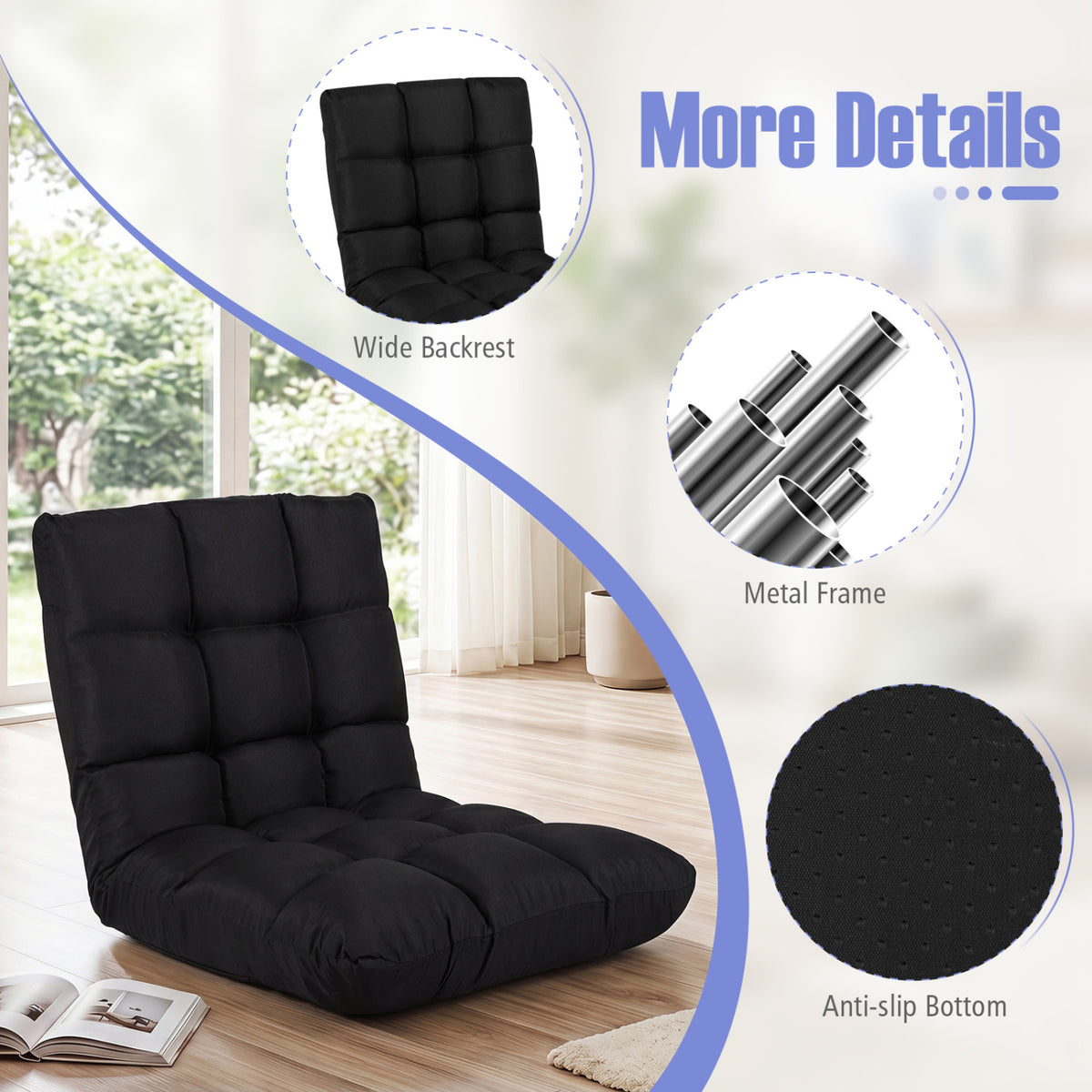 14-Position Adjustable Floor Chair with Linen Fabric, Black