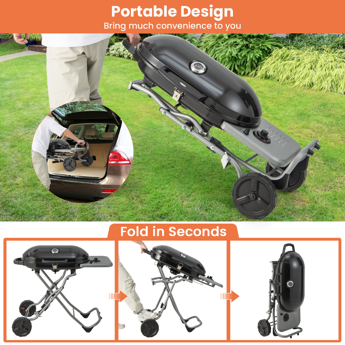 15000 BTU Portable Propane BBQ Grill with Wheels and Side Shelf