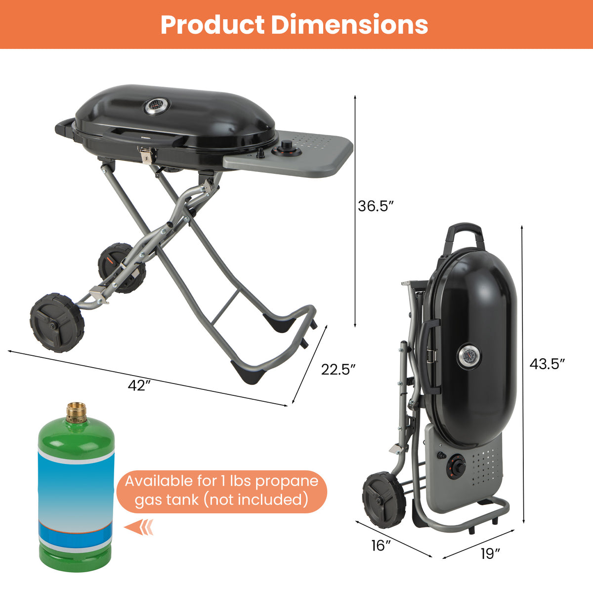 15000 BTU Portable Propane BBQ Grill with Wheels and Side Shelf